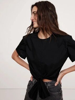 BANANA REPUBLIC BLACK COTTON POPLIN TIE-FRONT TOP MEDIUM